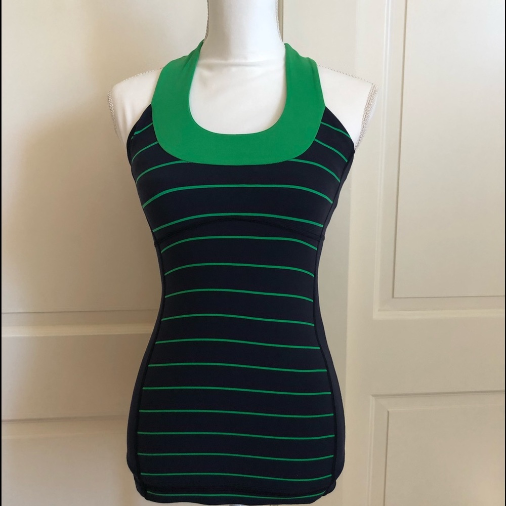 LuluLemon Athletic Top Navy Blue W/Green Stripes